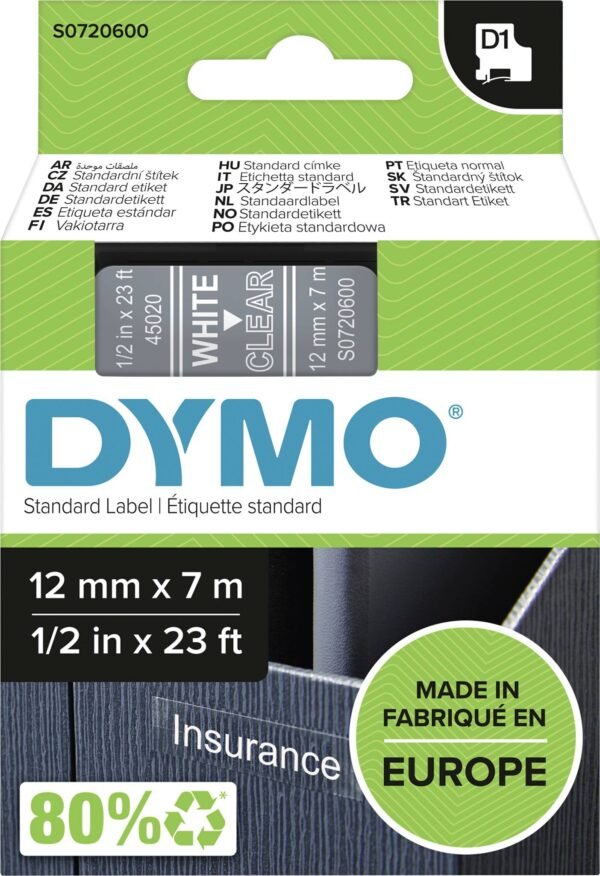 45020   Dymo Tape 12 x 7mm White/Clear
